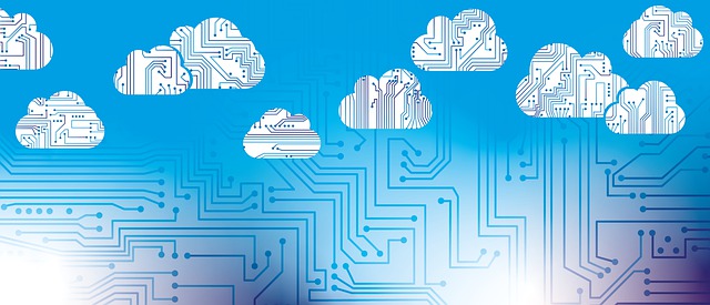 Illustration of clouds with computer circuits